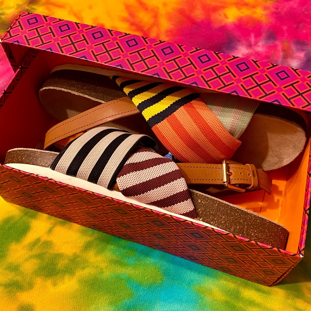 Tory Burch Corey Platform Sandals In Multi Patchwork Stripe